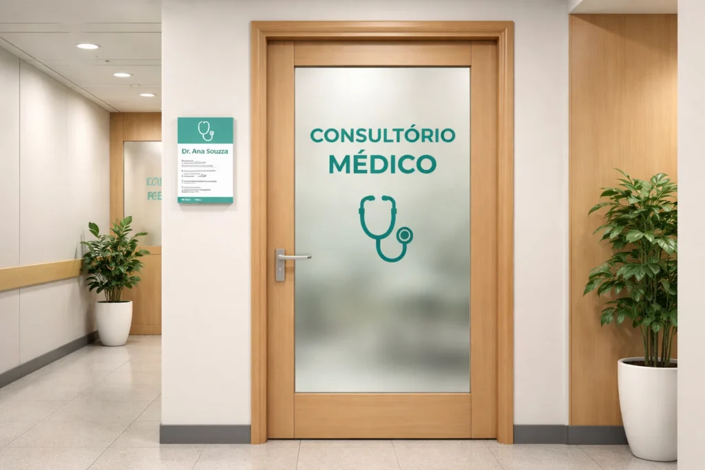 Consultório médico com porta identificada, representando o diagnóstico e a avaliação do bruxismo.
