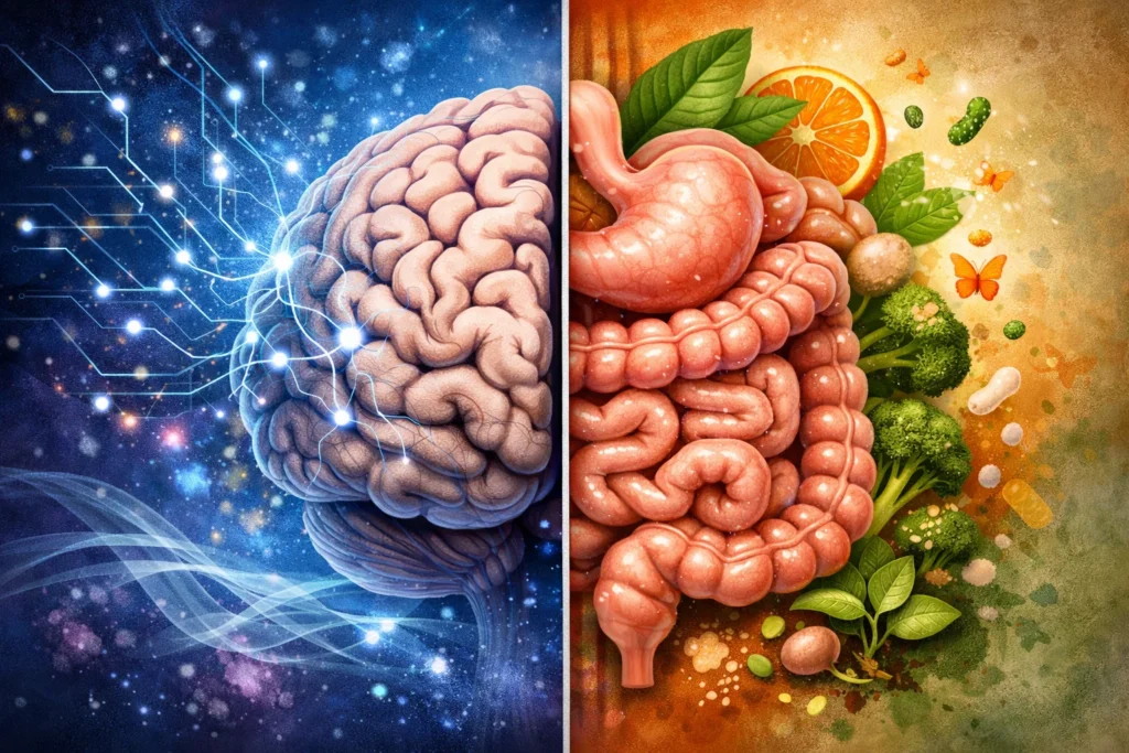 Ilustração do cérebro conectado ao intestino representando a comunicação do eixo intestino cérebro.