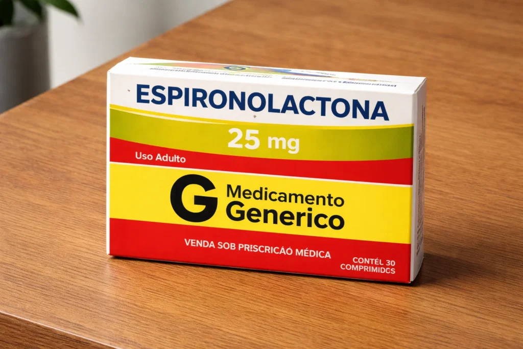 Caixa de espironolactona 25 mg genérica sobre uma mesa, com indicação de venda sob prescrição médica.