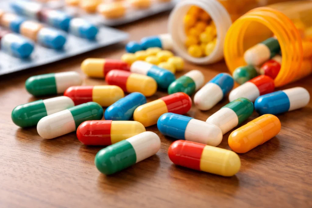 Cápsulas de medicamento sobre a mesa relacionadas a duvida sobre se o Venvanse e riscos de dependência