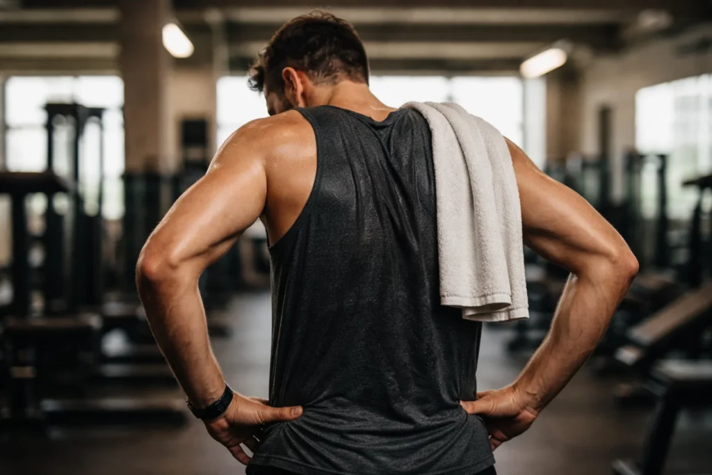 Homem cansado na academia após treino intenso, representando sintomas de overtraining.