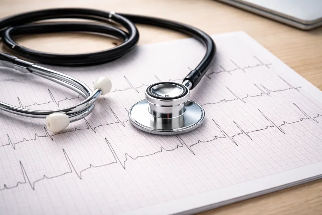 Estetoscópio sobre eletrocardiograma com traçado cardíaco, representando avaliação médica relacionada à síncope.