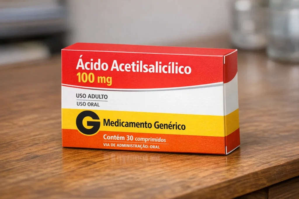 Caixa de ácido acetilsalicílico 100 mg genérico sobre uma mesa de madeira.