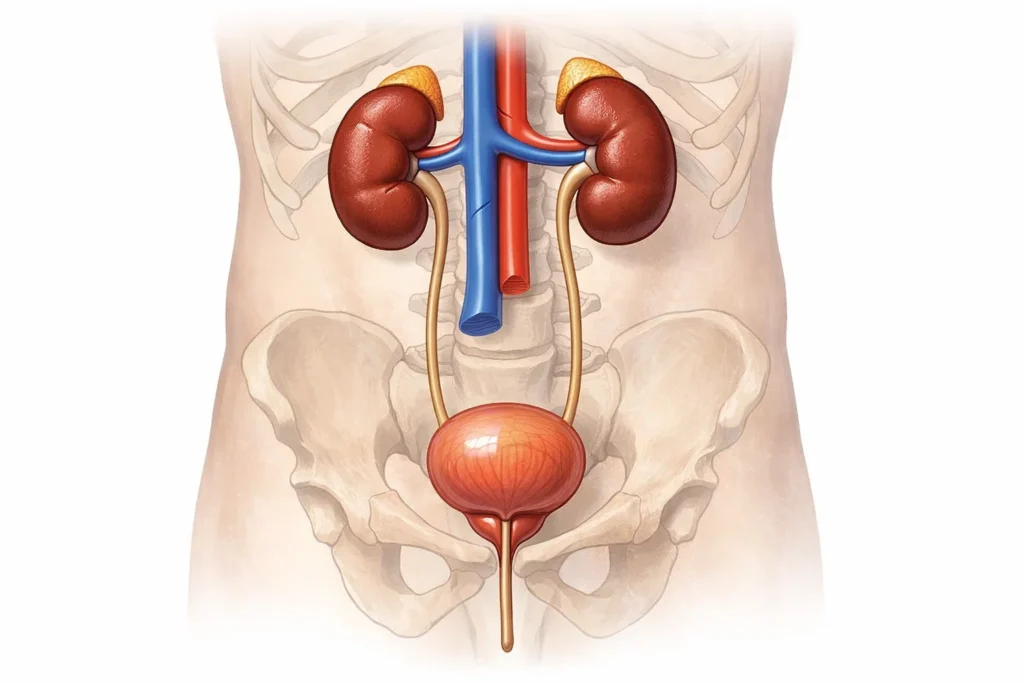 Ilustração do sistema urinário humano destacando rins, ureteres e bexiga relacionada ao sumário de urina.