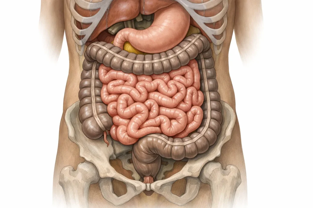 Ilustração anatômica do sistema digestivo humano mostrando onde os probióticos atuam no intestino.
