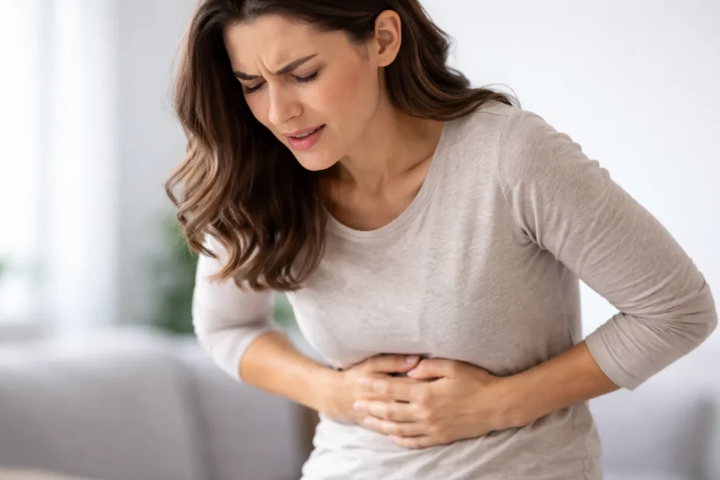 Mulher com dor abdominal intensa, sintoma comum de infecções intestinais tratadas com nitazoxanida.