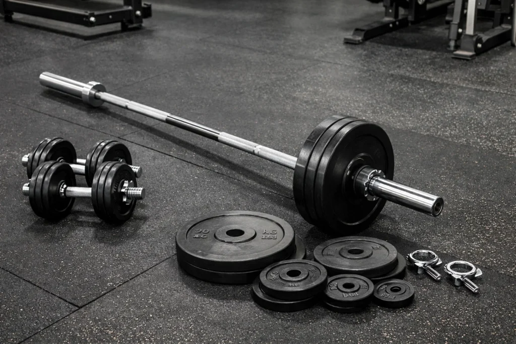 Barra, anilhas e halteres organizados no chão de academia, representando treino intenso e risco de overreaching por excesso de carga.