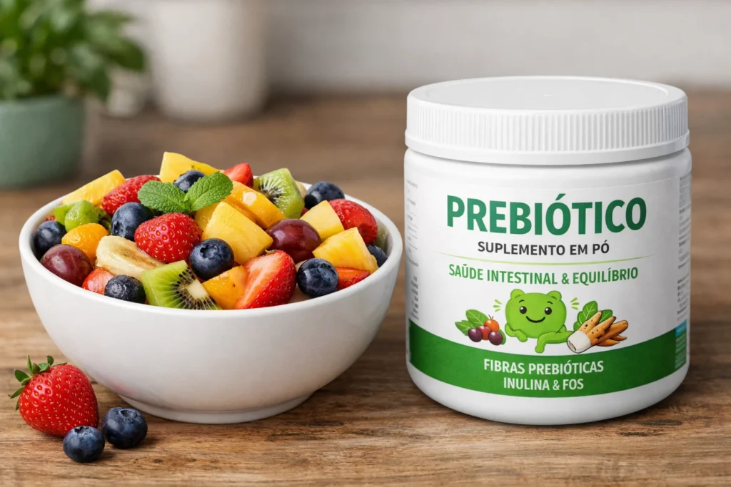 Suplemento de prebióticos em pó ao lado de tigela com frutas frescas variadas sobre mesa de madeira.