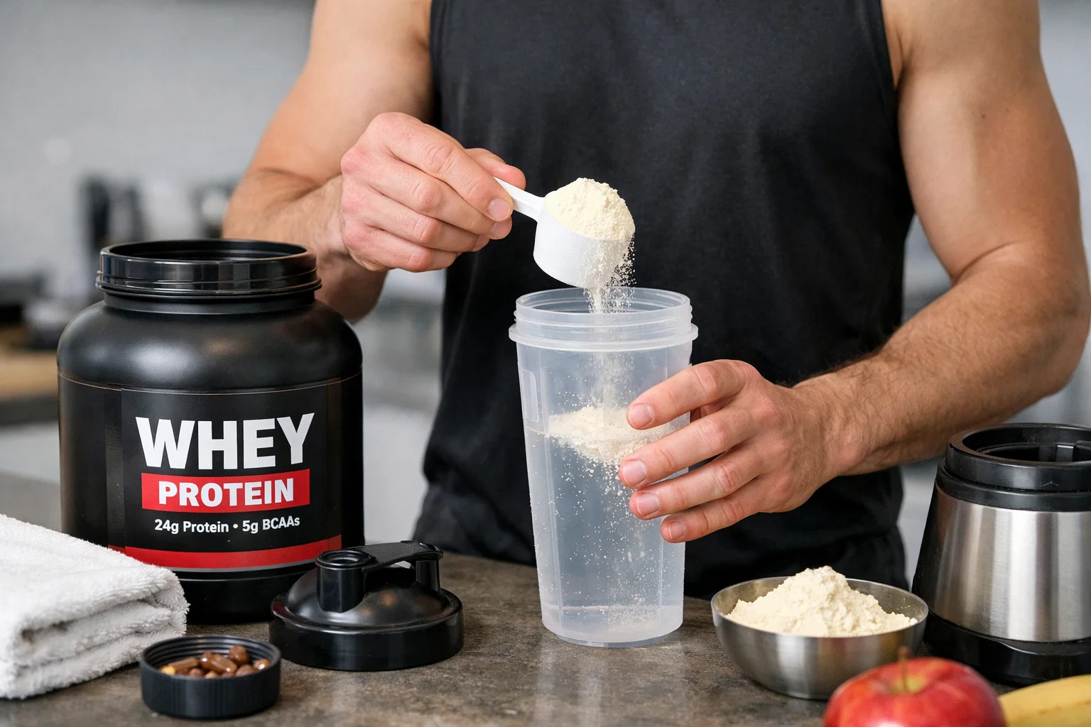 Cena que representa quando suplementos alimentares são necessários no contexto de treino, com homem preparando shake de whey protein.