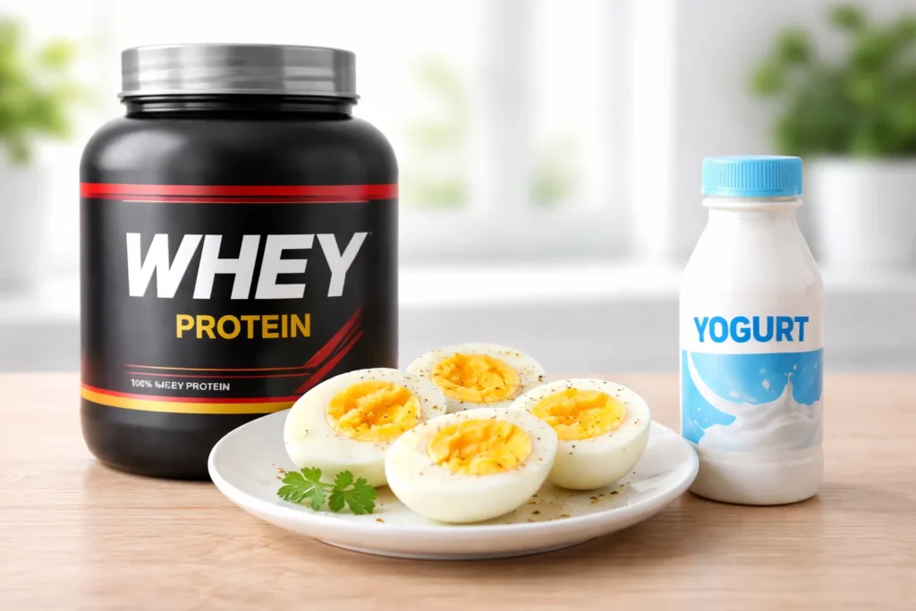 Imagem ilustrando quando suplementos alimentares são necessários para quem pratica exercícios físicos, com whey protein, ovos cozidos e iogurte sobre a mesa.