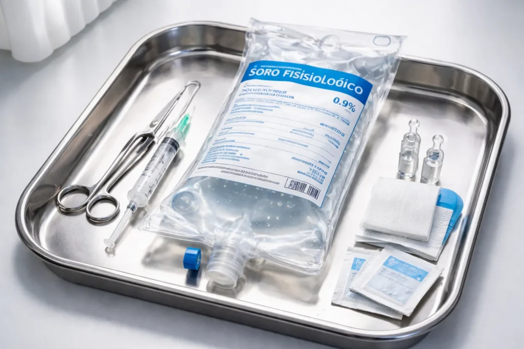 Tratamento hospitalar para dengue grave com soro fisiológico e materiais médicos para hidratação intravenosa.