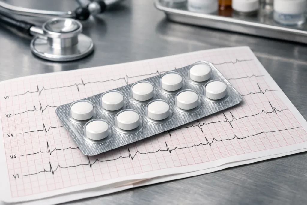 Cartela de comprimidos sobre eletrocardiograma representando tratamento medicamentoso para arritmias.