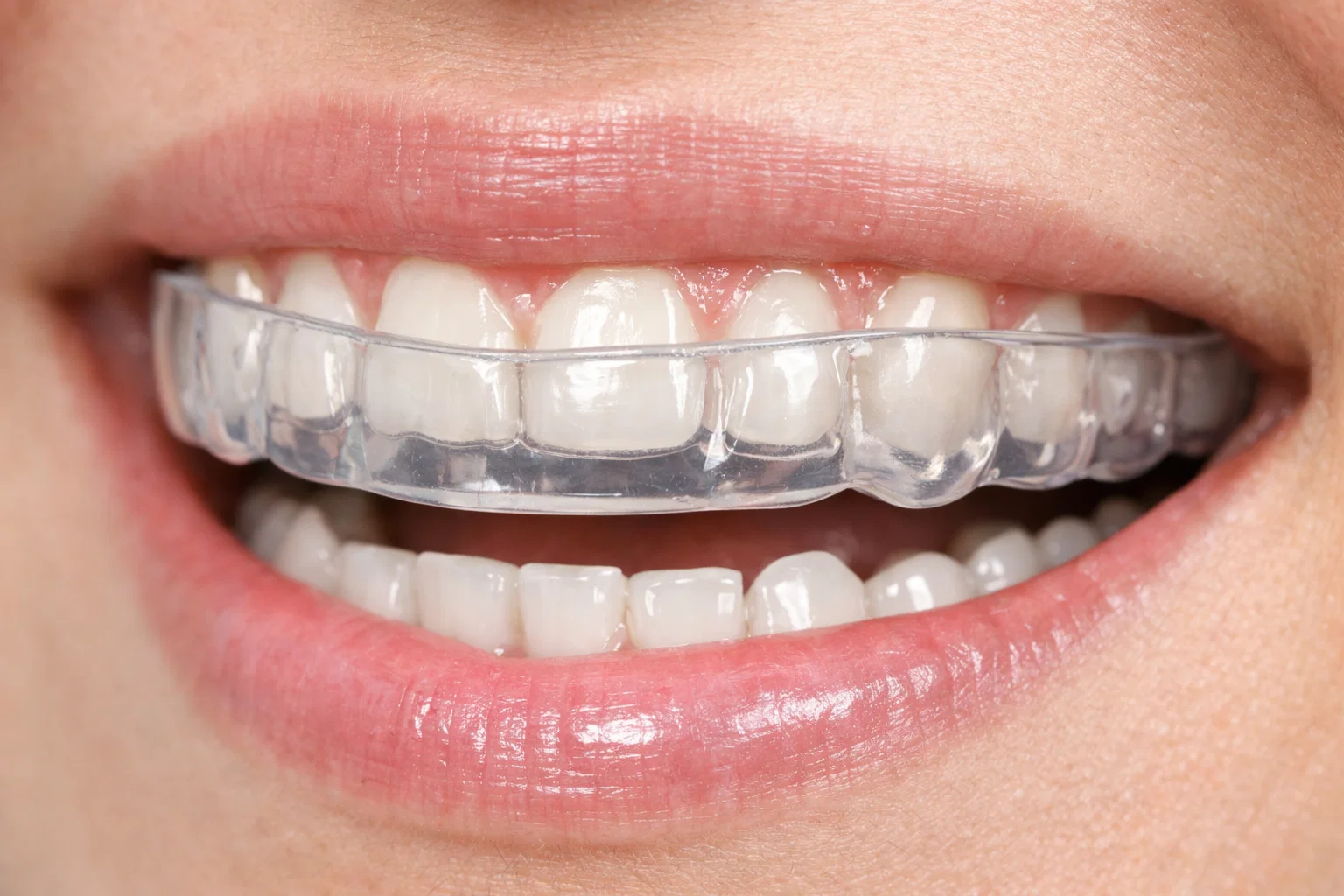 Placa miorrelaxante transparente posicionada nos dentes para tratamento do bruxismo.