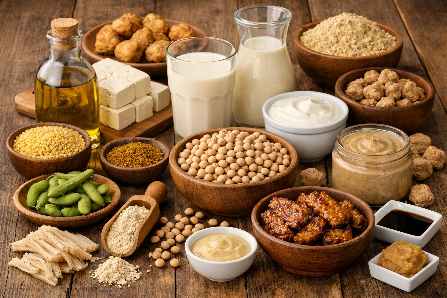 Alimentos ricos em proteína de soja como tofu, grãos e derivados.