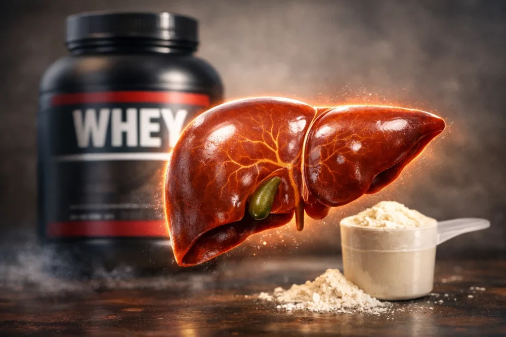 Fígado ao lado de whey protein em pó ilustrando a dúvida se whey faz mal pro fígado.