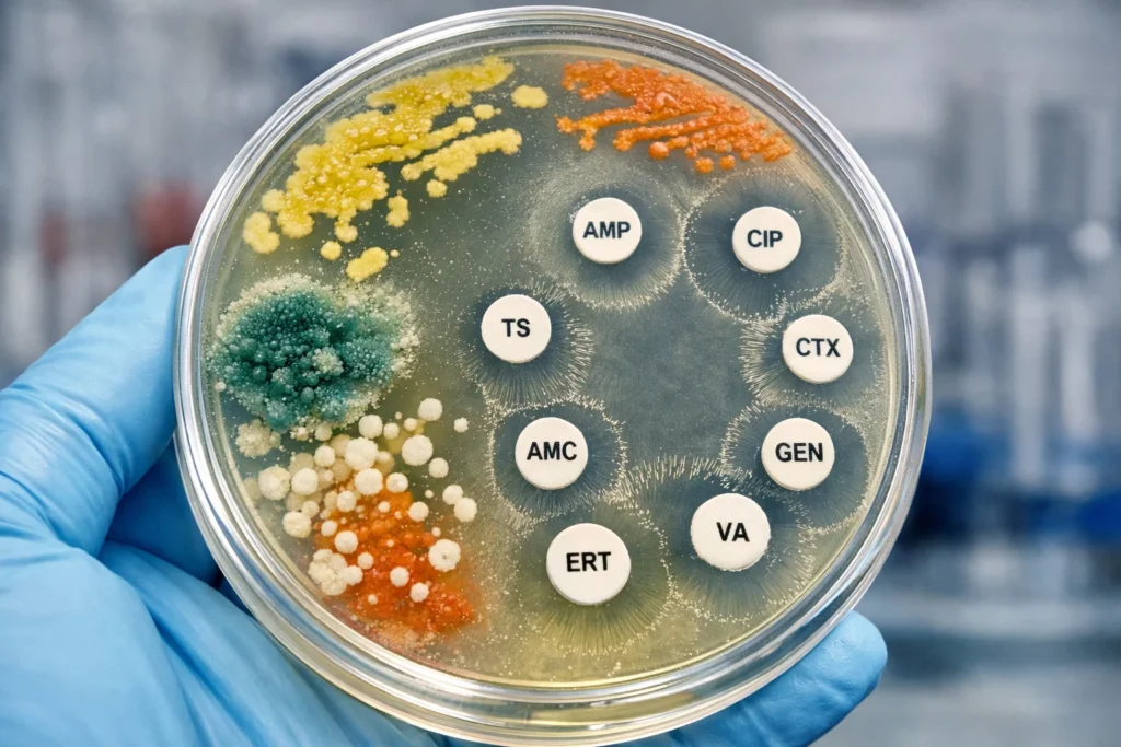 Placa de cultura bacteriana usada em laboratório para entender se antibiótico serve para toda infecção.