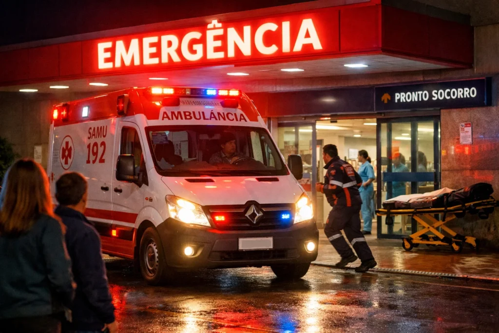 Ambulância em frente ao pronto-socorro durante atendimento de AVC isquêmico e hemorrágico.