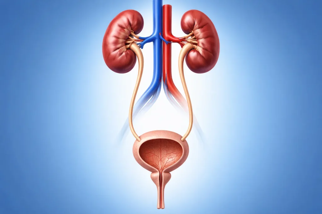 Ilustração anatômica dos rins e da bexiga representando o sistema urinário e a ação da furosemida.