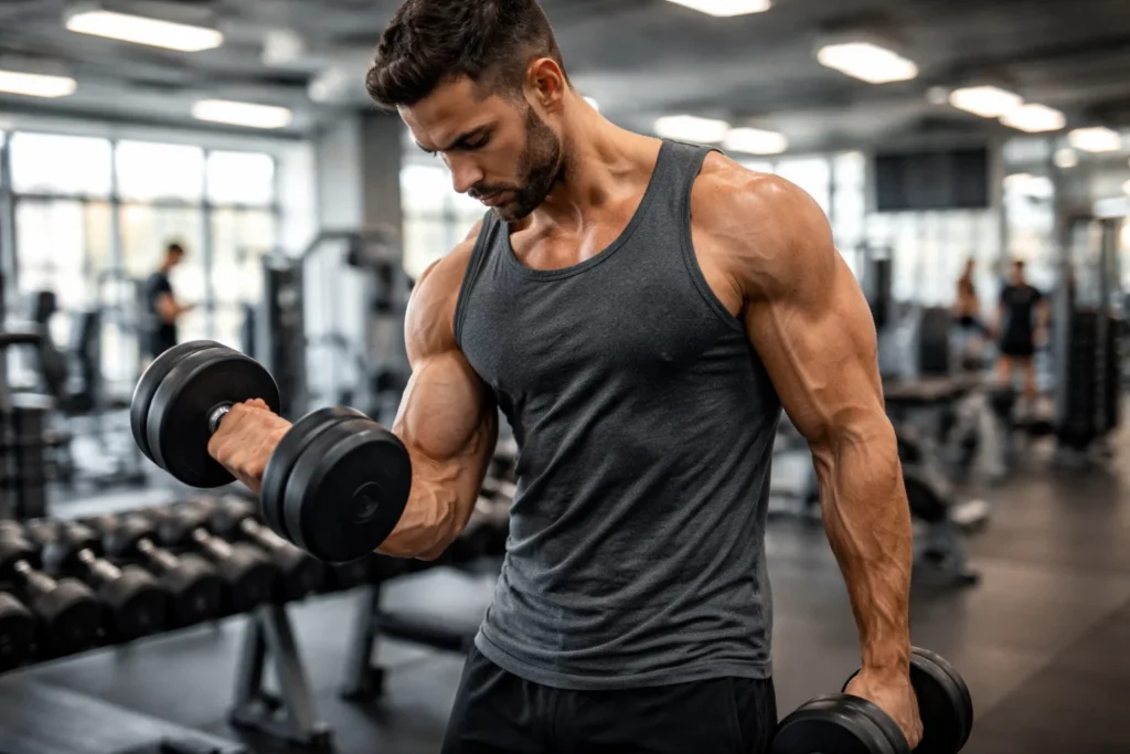 Homem treinando musculação com halteres em academia, relacionado ao uso de caseína para recuperação muscular.