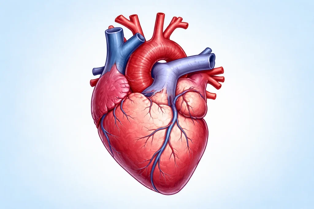 Ilustração anatômica do coração humano mostrando as artérias coronárias, relacionada à angina.