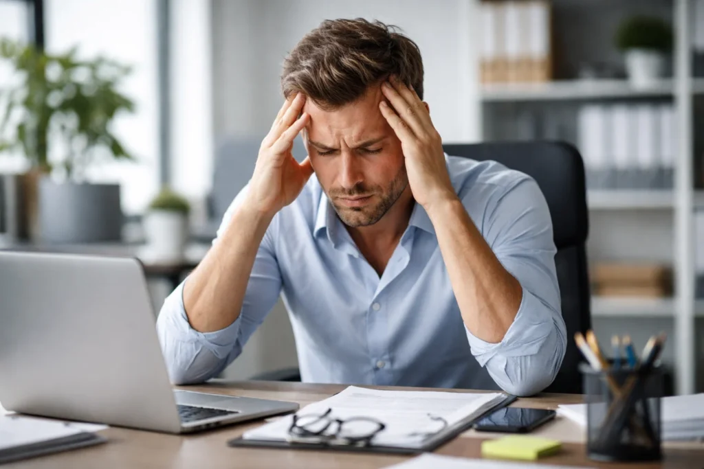 Homem com expressão de cansaço segurando a cabeça enquanto trabalha no computador, ilustrando possíveis efeitos da inflamação sistêmica de baixo grau.