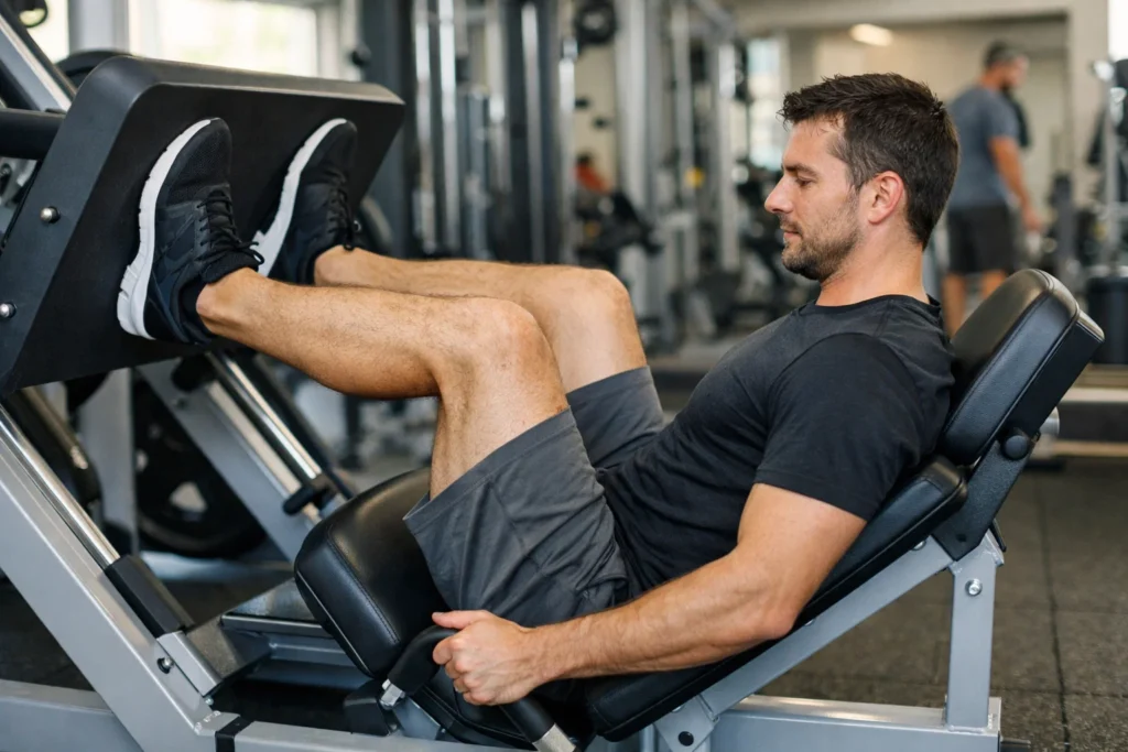 Homem treinando em aparelho de musculação na academia, contexto comum de uso de creatina e dúvidas sobre se creatina faz mal para os rins.
