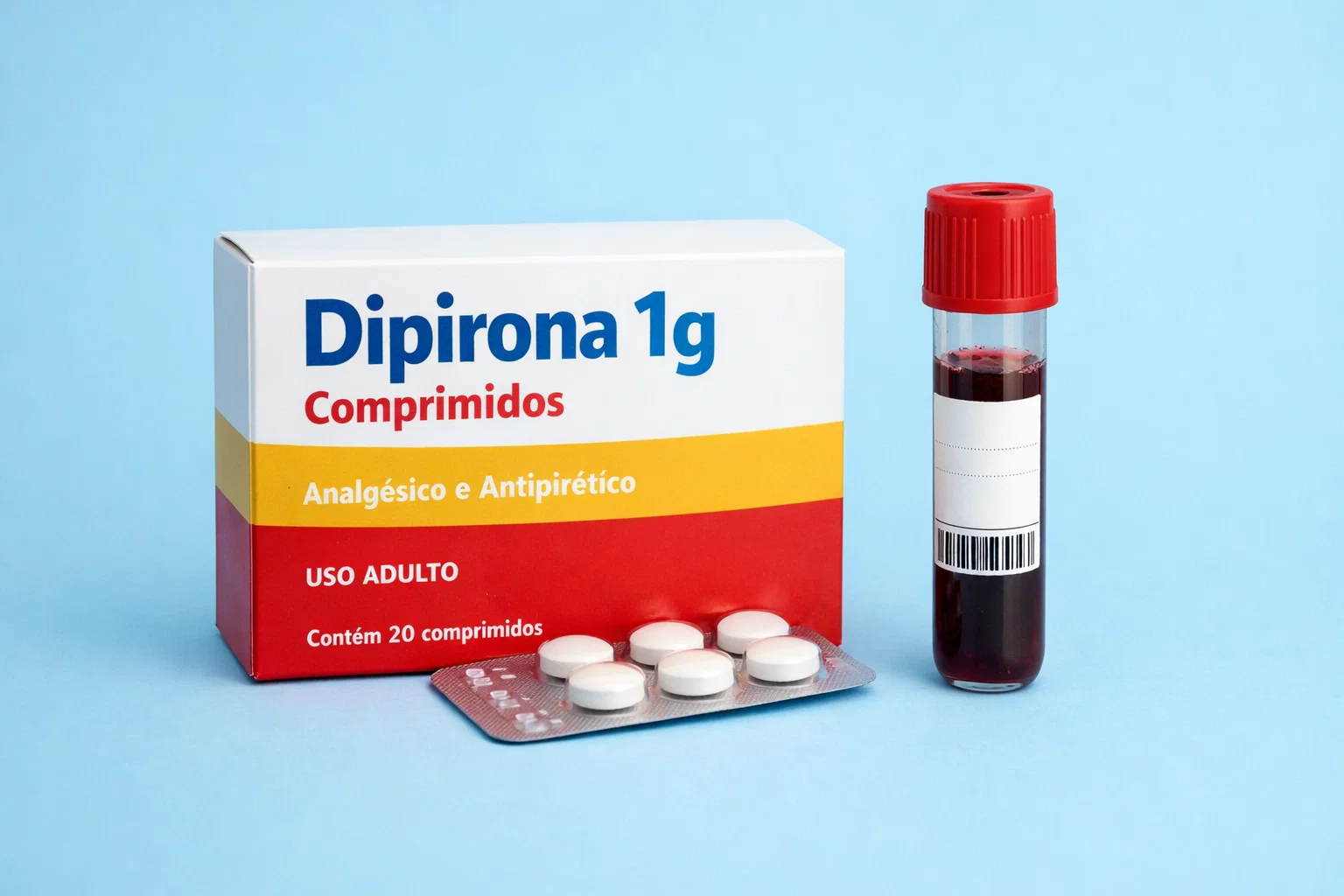 Caixa de dipirona 1g com comprimidos ao lado, relacionada ao risco raro de agranulocitose.