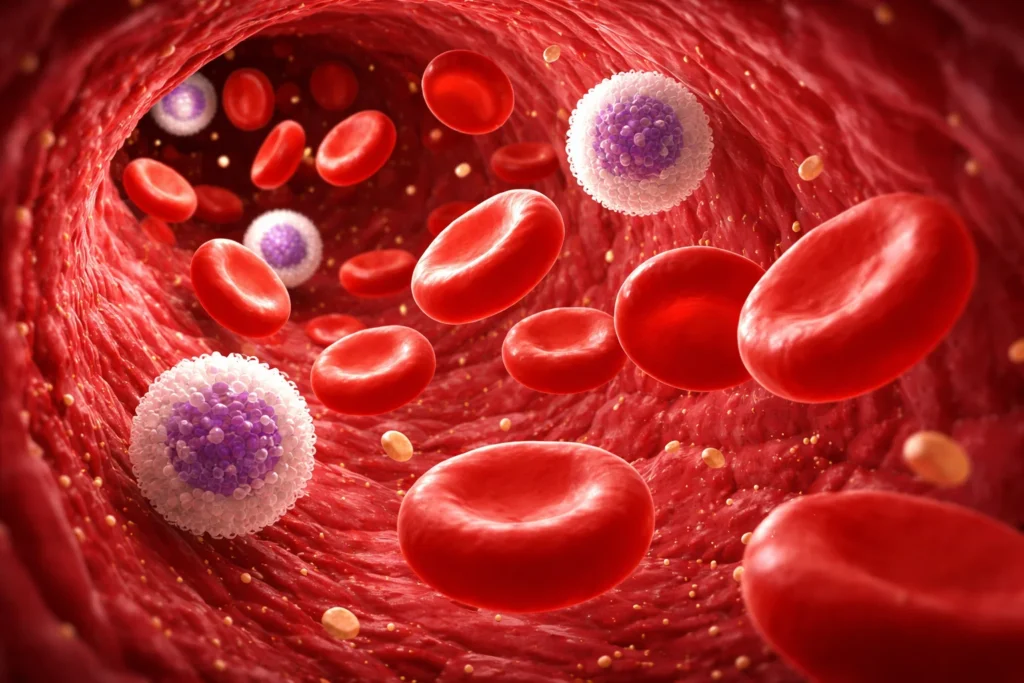 Ilustração do interior de um vaso sanguíneo com glóbulos vermelhos e brancos representando o efeito da varfarina na coagulação do sangue.