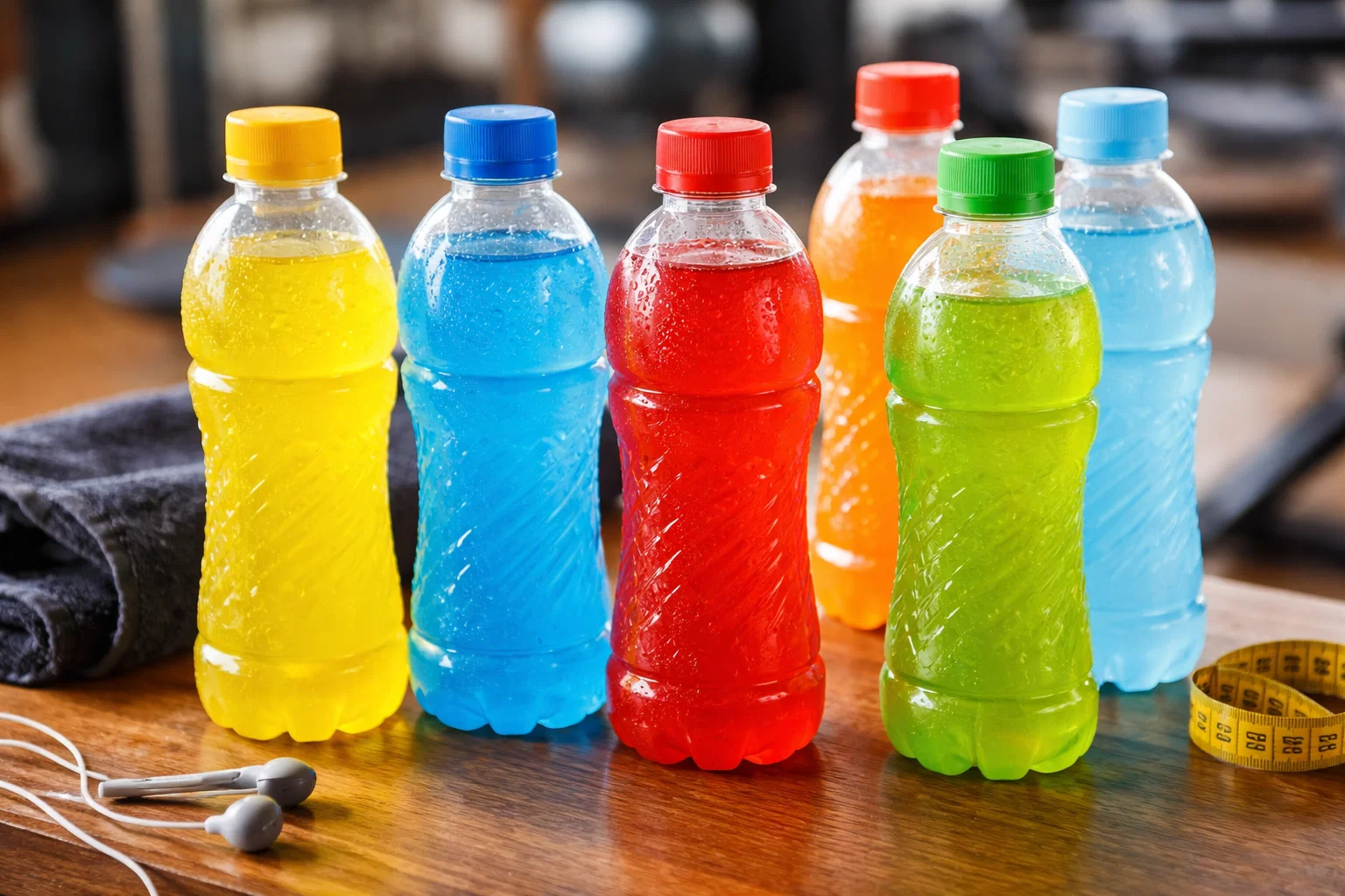 Garrafas de bebidas isotônicas ricas em eletrólitos sobre mesa