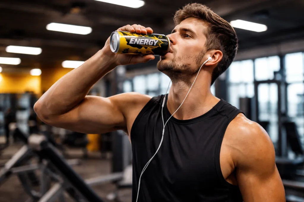 Energético faz mal? Homem bebendo bebida energética durante treino na academia.