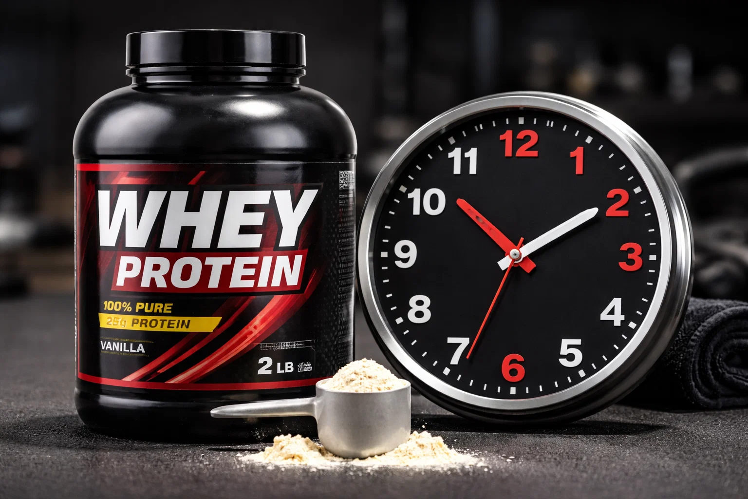 Relógio ao lado de whey protein ilustrando a melhor hora para tomar whey.