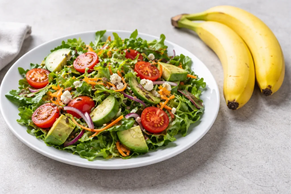 Salada com folhas verdes, tomate, abacate e sementes ao lado de bananas, representando fontes alimentares que favorecem a produção de Ácidos graxos de cadeia curta.