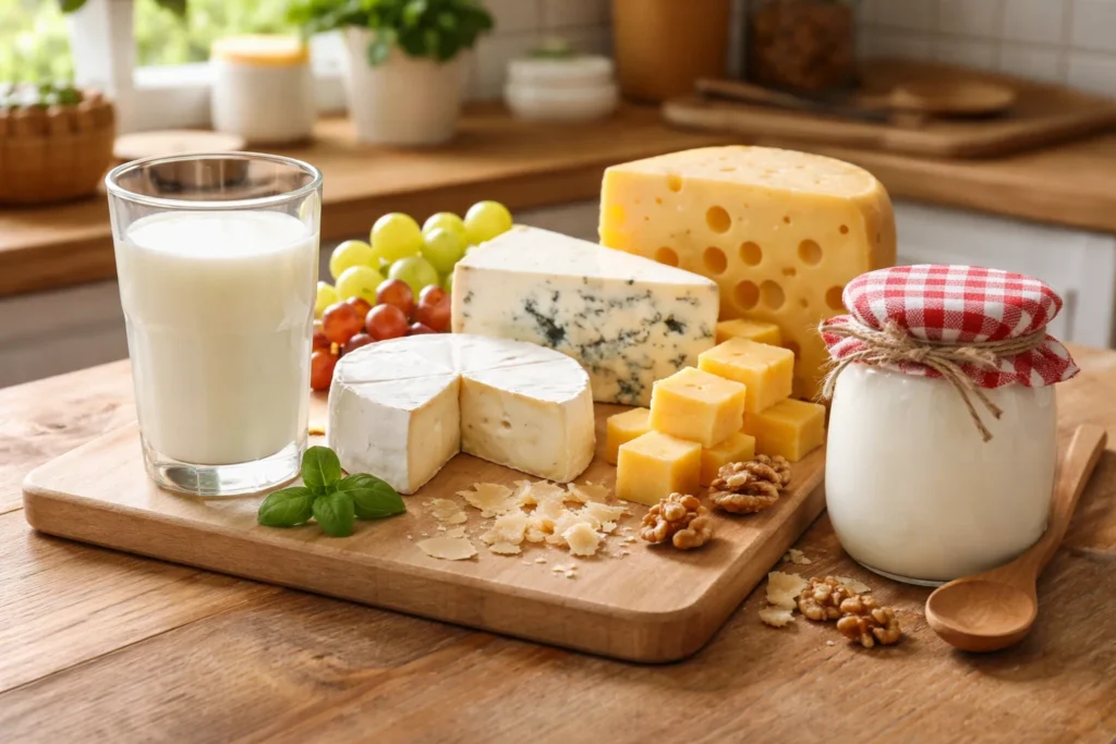 Leite, queijos e iogurte dispostos sobre uma tábua, alimentos que são fontes naturais de caseína.