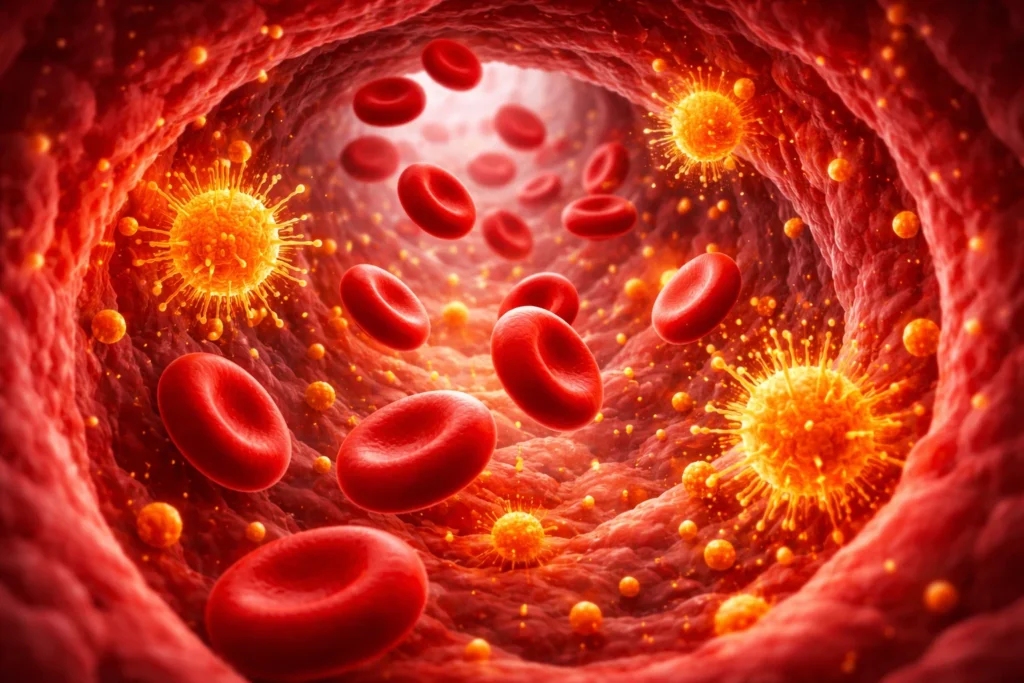 Ilustração do interior de um vaso sanguíneo com células inflamatórias, representando inflamação sistêmica de baixo grau.