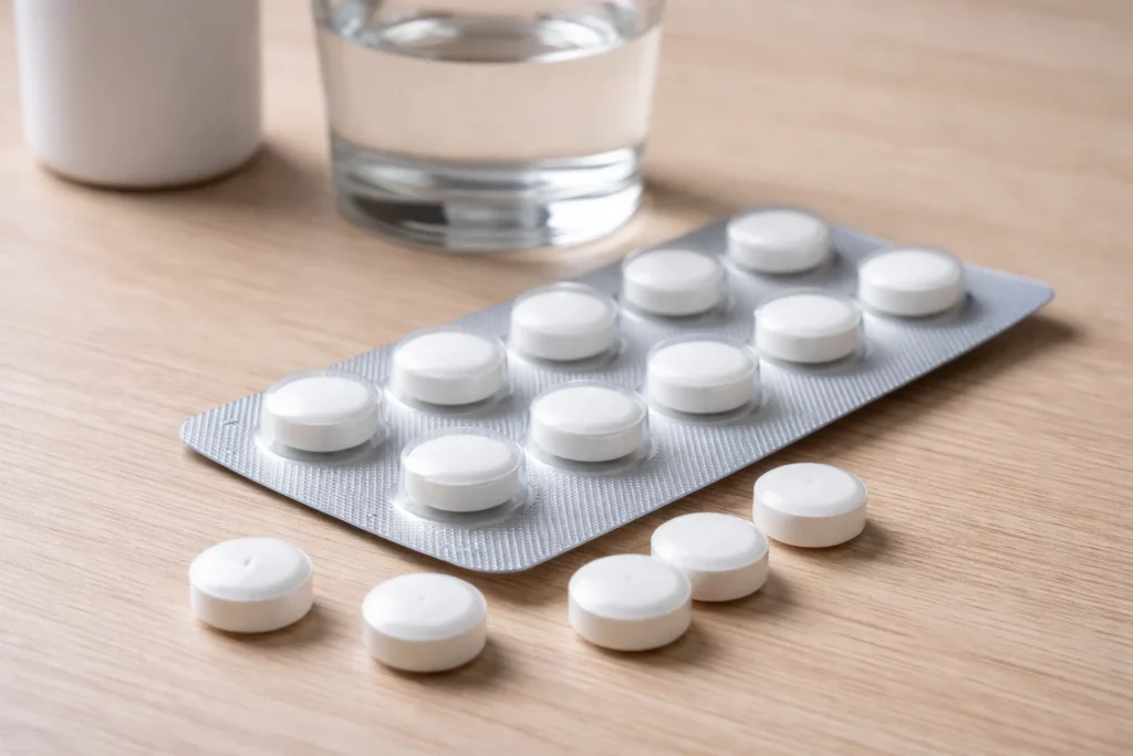 Laxante emagrece? Comprimidos laxantes ao lado de um copo de água mostram o uso comum desses medicamentos