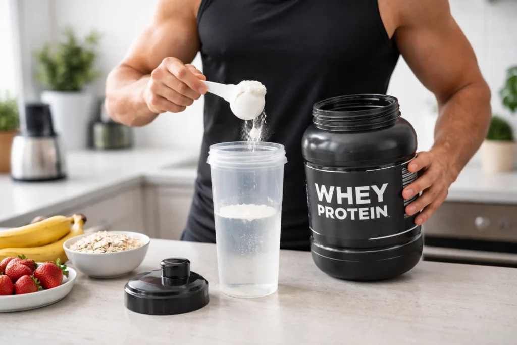Pessoa preparando whey protein em coqueteleira na cozinha, associado ao consumo de diferentes tipos de whey.