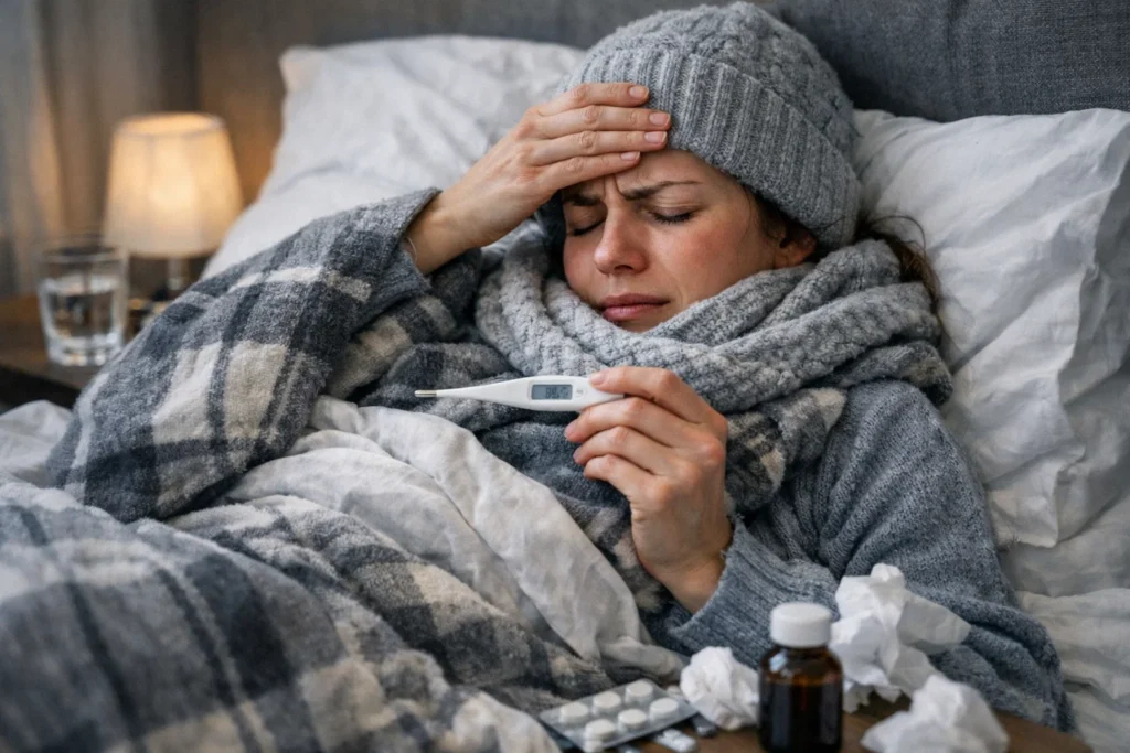 Mulher com febre deitada na cama representando sintoma de agranulocitose.
