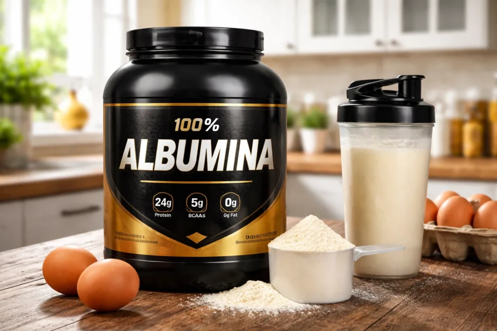 Suplemento de albumina 100% em pó ao lado de shaker e ovos sobre bancada de cozinha.