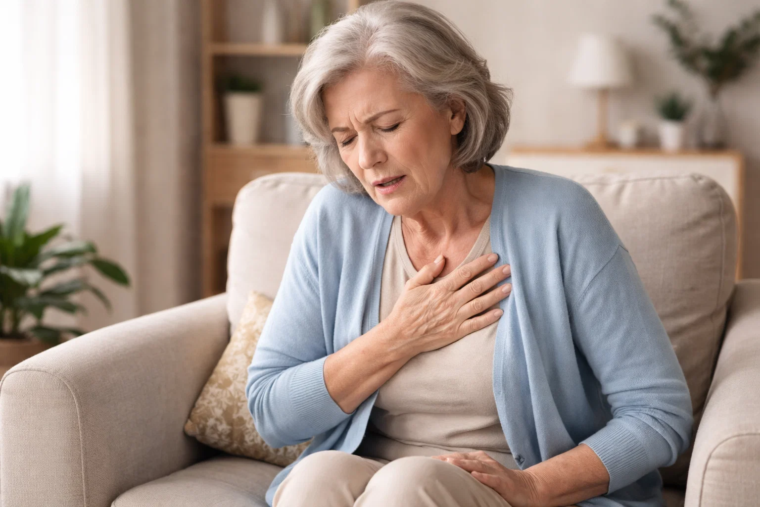 Mulher idosa com dor no peito, possível sintoma de angina.