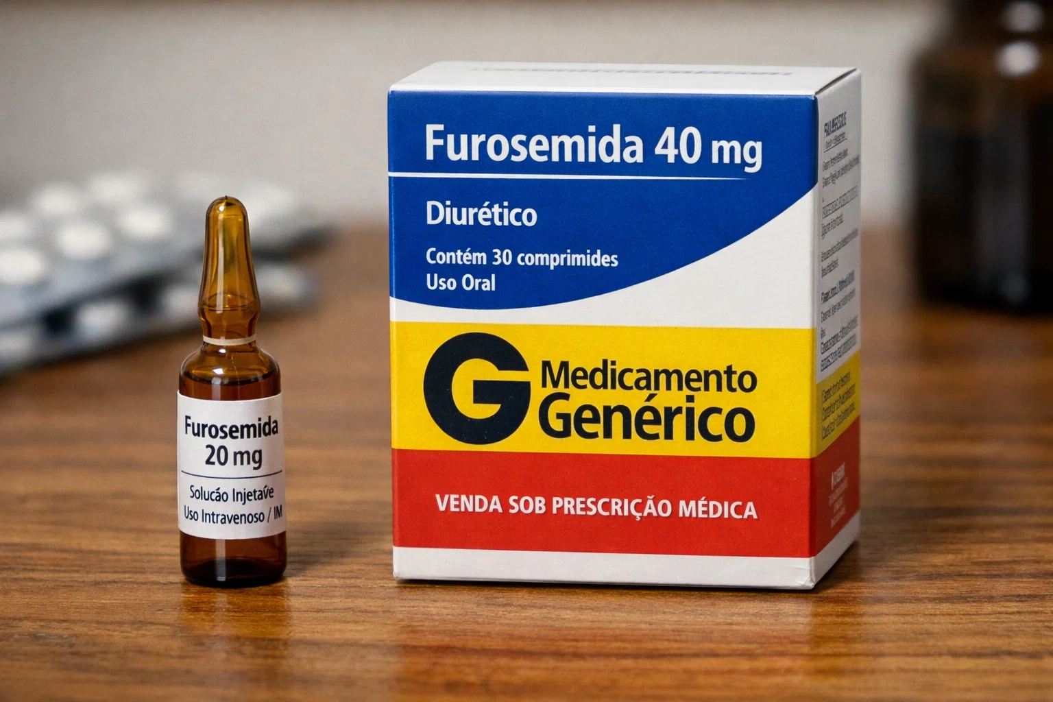 Ampola e caixa de furosemida em comprimidos, ilustrando o medicamento diurético utilizado para tratar retenção de líquidos.