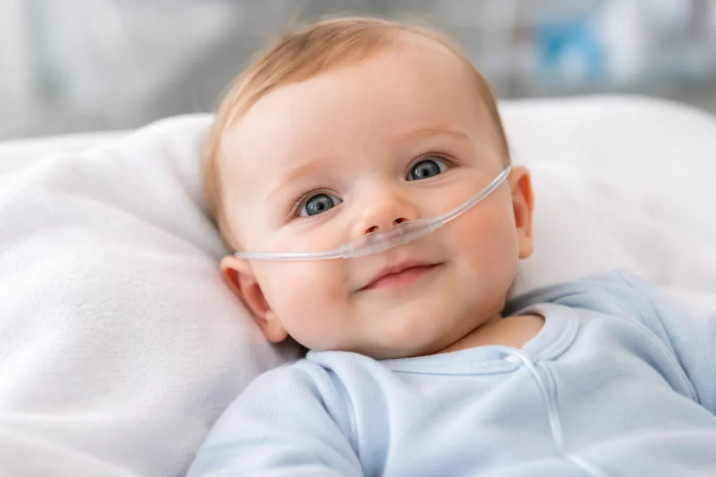 Bebê com suporte de oxigênio nasal durante infecção respiratória causada pelo VSR.