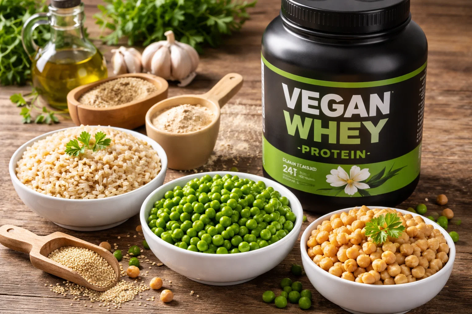 Suplemento whey vegano ao lado de alimentos vegetais ricos em proteína.