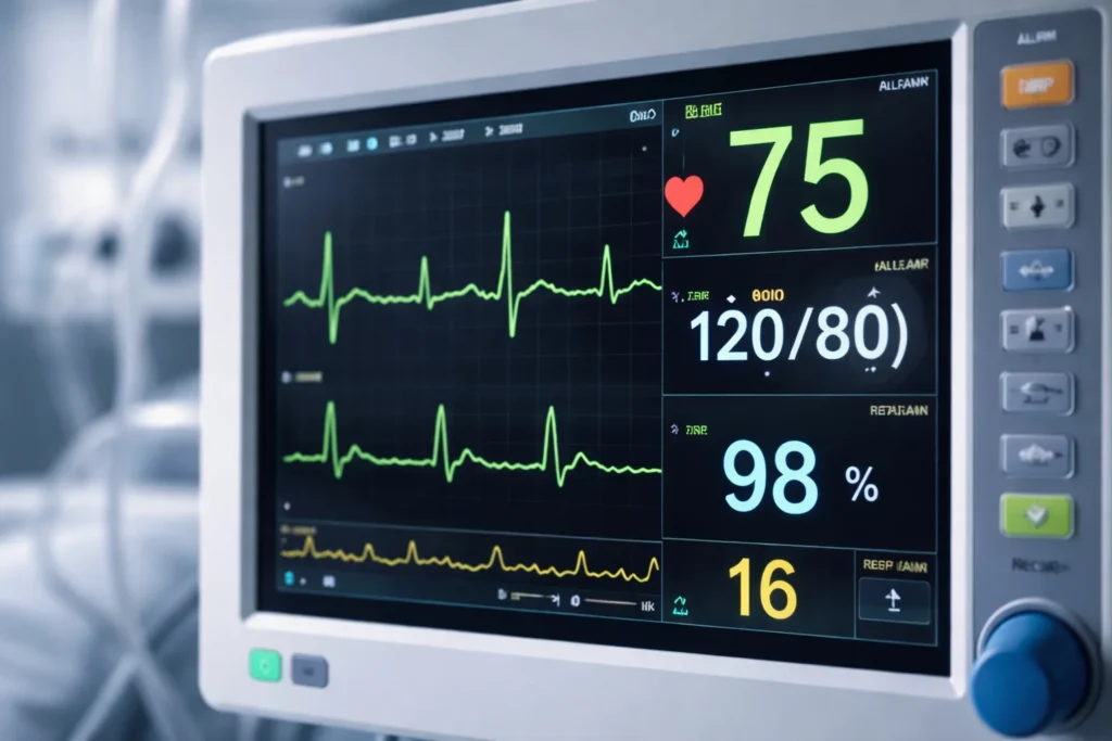Monitor cardíaco hospitalar exibindo frequência cardíaca e sinais vitais de um paciente após cirurgia cardíaca relacionada ao uso de próteses valvares.