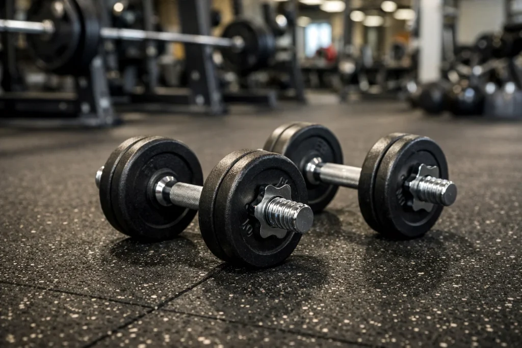 Halteres na academia representando os benefícios da beta-alanina para desempenho e resistência muscular.