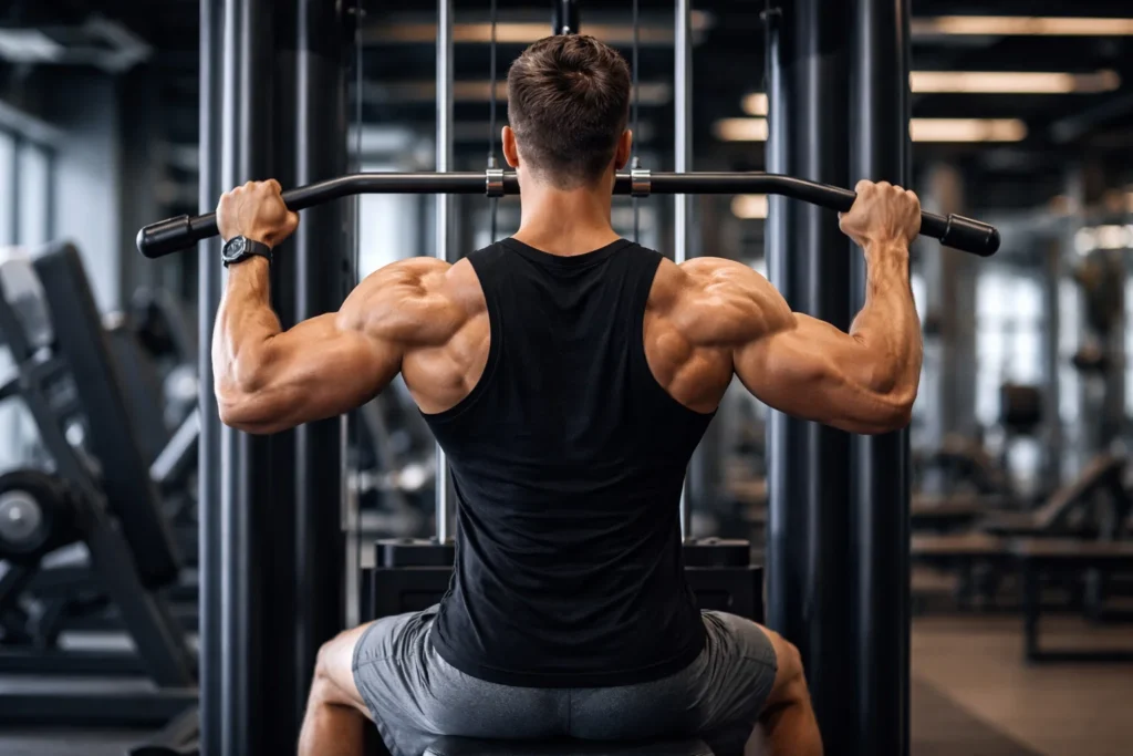 Homem realizando exercício de costas na academia representando o efeito do pré-treino.