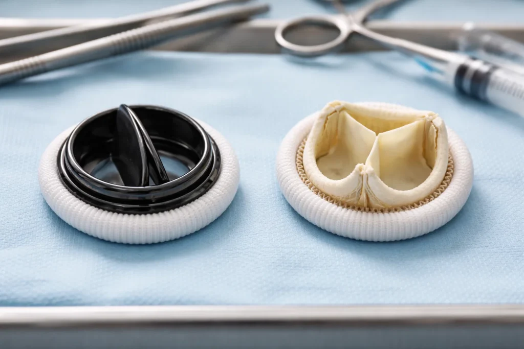 Próteses valvares cardíacas mecânica e biológica posicionadas sobre mesa cirúrgica ao lado de instrumentos médicos.
