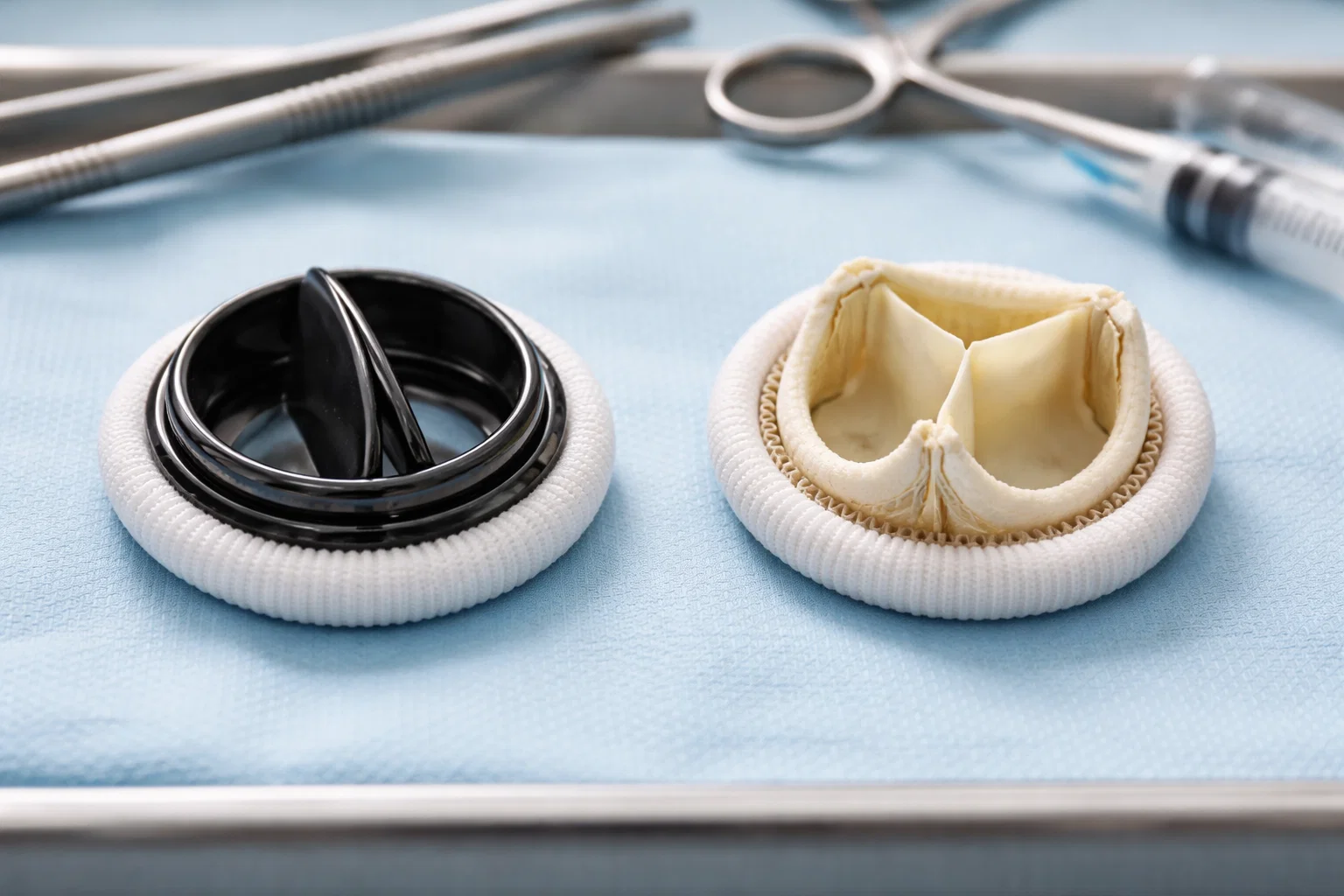 Próteses valvares cardíacas mecânica e biológica posicionadas sobre mesa cirúrgica ao lado de instrumentos médicos.