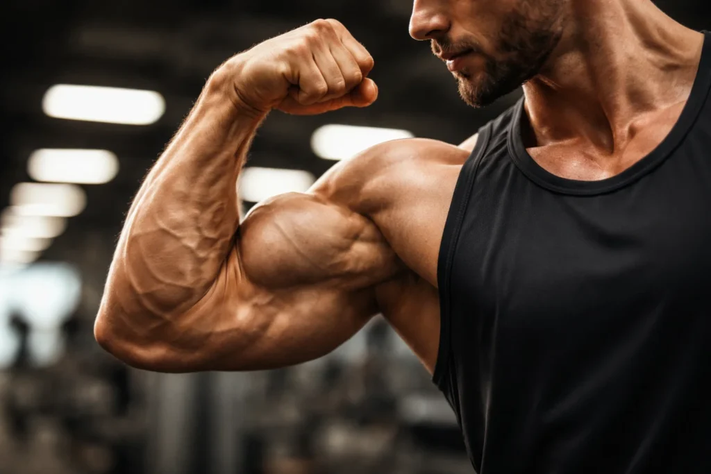 Homem com músculos definidos treinando na academia, contexto em que surge a dúvida se whey faz mal pro fígado.
