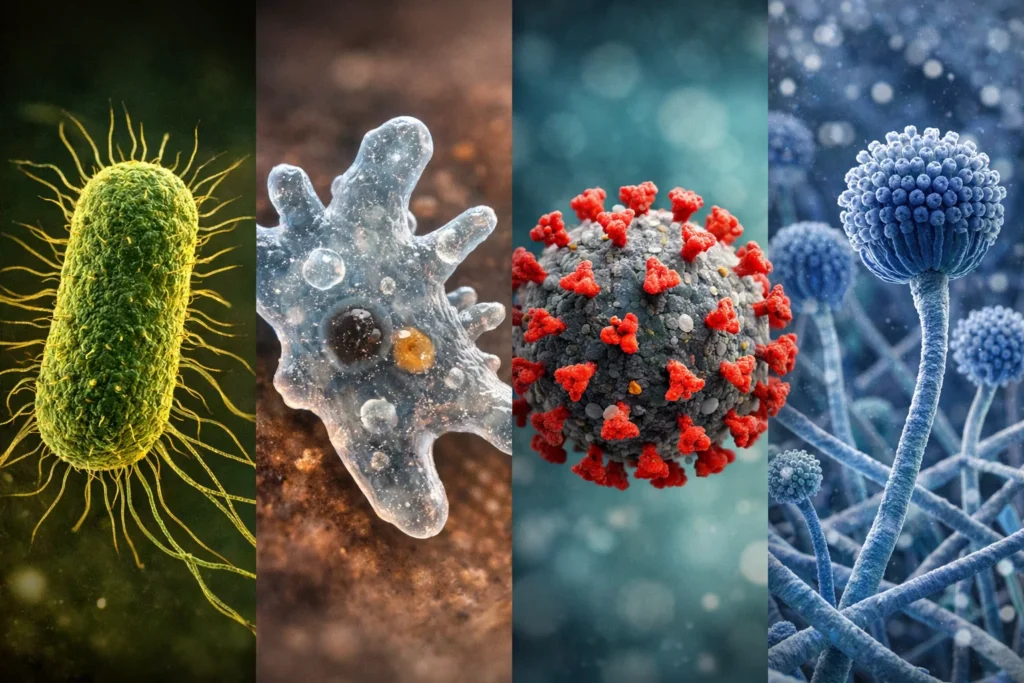 Ilustração de bactéria, protozoário, vírus e fungo representando os principais tipos de infecção.