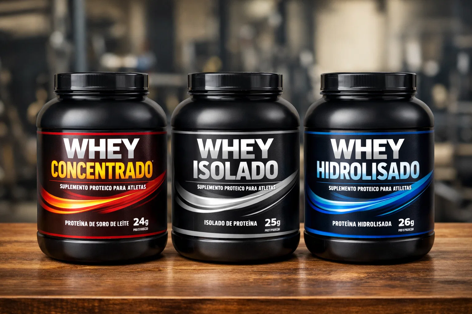 Potes de whey concentrado, isolado e hidrolisado lado a lado, representando os principais tipos de whey.